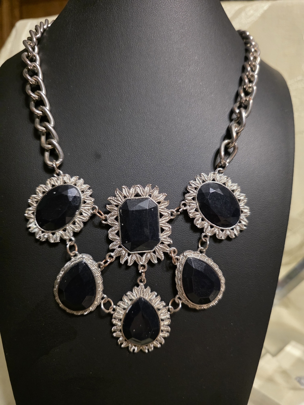 #854 Statement Black Gemstone Bib Necklace